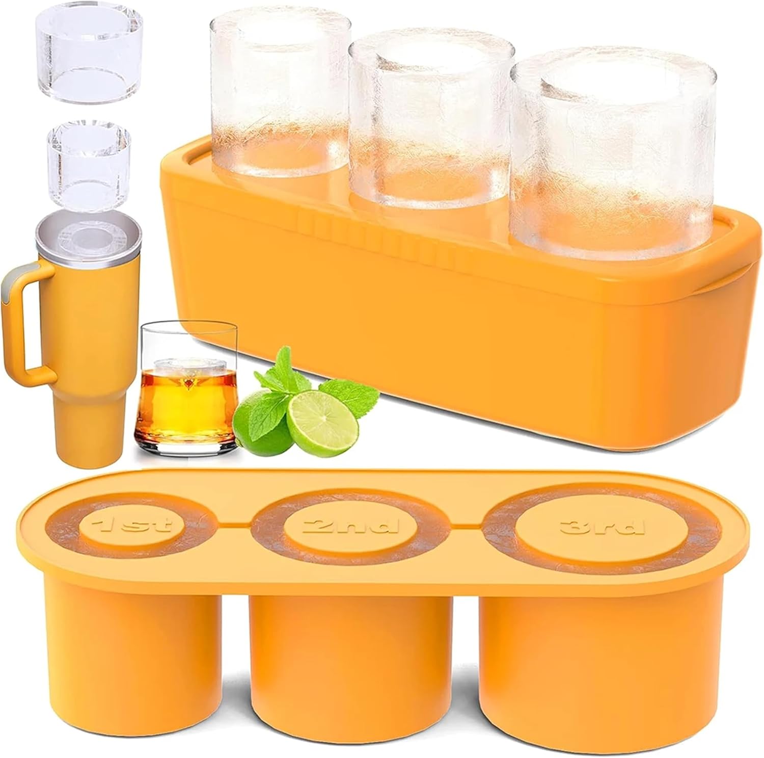 Ice Cube Tray for Stanley Cup, Silicone Ice Mould with Lid & Bin, Long Ice Cubes for 30-40Oz Tumbler, Easy Fill & Release, Perfect for Cocktails, Whiskey, Iced Coffee, Drinks, BPA Free (Yellow)